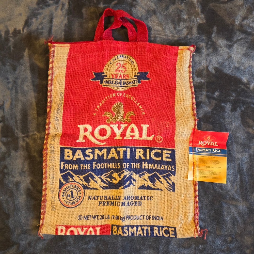 Royal Basmati Rice Burlap Tote Bag Zipper Top Jute Sack Reusable Grocery Shopper